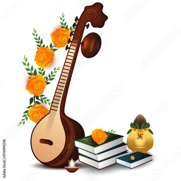 Obraz Guitar with book and fruits including apples on wooden surface