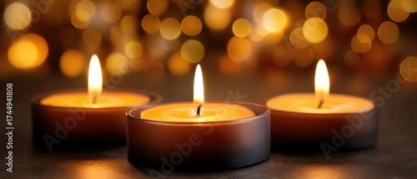 Fototapeta The Soft Glow of Three Candles Illuminating a Cozy Space