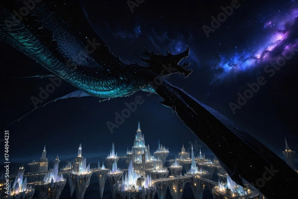 Fototapeta Majestic dragon flying over a mystical ice castle illuminated under a starry night sky Generative AI