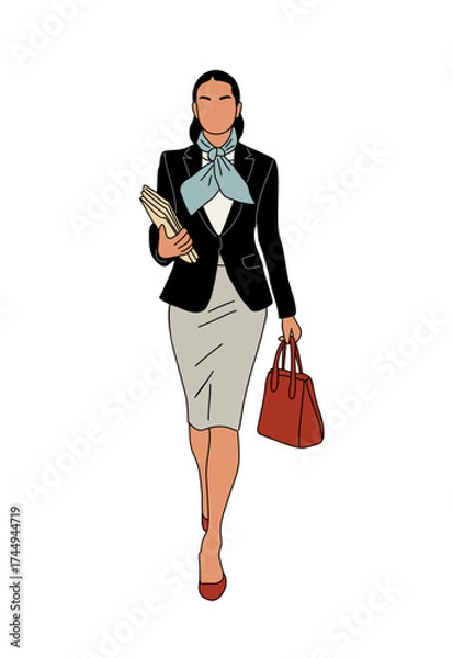 Fototapeta Stylized vector illustration of a professional businesswoman in a modern outfit with red accents, holding documents and handbag. Minimalist clean design on transparent background