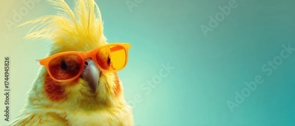 Obraz The stylish yellow bird wearing sunglasses against a vibrant backdrop