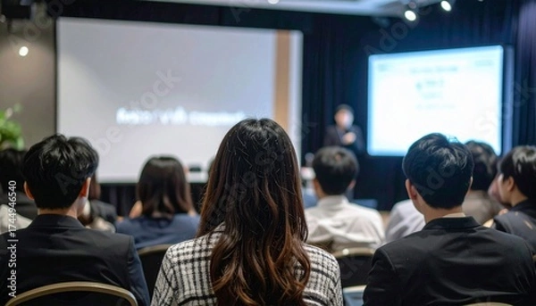 Fototapeta In seminar rooms or conference halls, training and workshops, associates and start-up business concepts, you can see an Asian audience joining the stage and speakers speaking from the back.