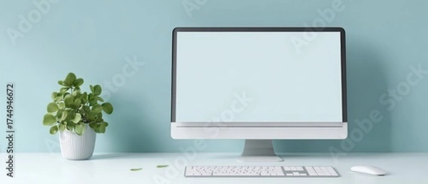 Fototapeta The modern computer setup with a stylish plant and minimalist design elements.