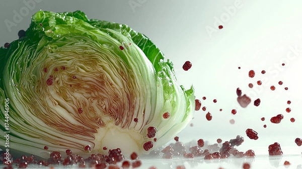 Obraz Freshly cut green cabbage adorned with vibrant red accents. Dynamic composition highlights healthy ingredients.