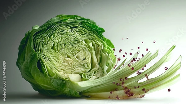 Obraz The fresh cabbage, cut in half, reveals layers of crisp green leaves. Red droplets signify a dynamic, healthy burst.
