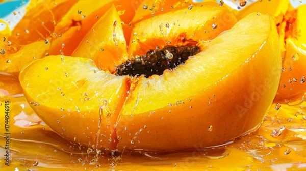 Obraz Juicy peach slices capture refreshing water drops. A vibrant, healthy fruit splash.