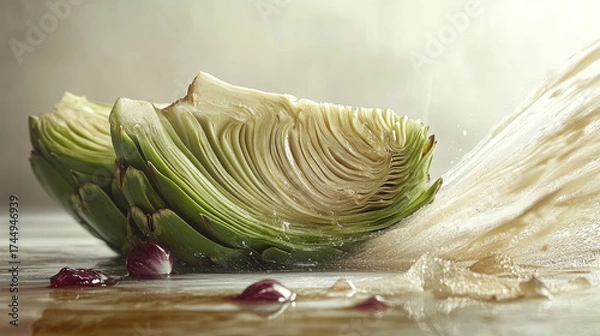 Obraz Two halves of fresh artichokes waiting for preparation. Liquid splashes around on a surface.