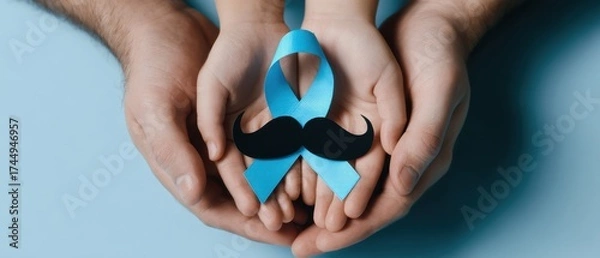 Fototapeta The Hands Supporting a Blue Ribbon and Mustache Symbolizing Awareness