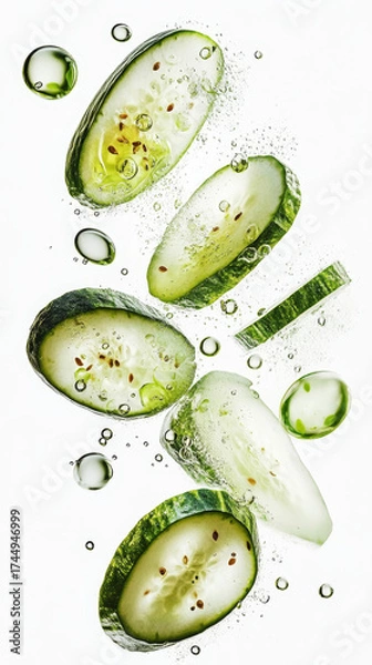Obraz Refreshing cucumber slices and water droplets create a vibrant display. Perfect for health, beauty, or freshness concepts.