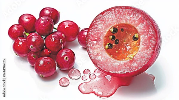 Obraz Cross-section of a vibrant cranberry revealing intricate inner details. Fresh cranberries and juice droplets on a white background.