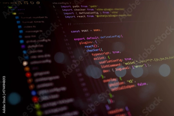 Obraz Close-up of Vite configuration file written in TypeScript for setting up plugins like React and ESLint, perfect for frontend development, modern web apps, and coding tutorials.