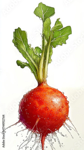 Obraz A vibrant red radish with lush green leaves bursts with fresh water droplets. This healthy vegetable pops against a clean white background.