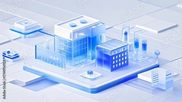 Fototapeta A 3D commercial building with blue gradient, industrial design icon, with transparent frosted glass texture, representing urban planning.