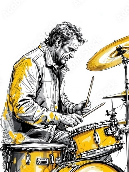 Obraz Dynamic ink sketch illustration of a man playing a full drum set with energy, isolated on white background.