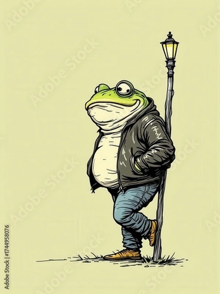 Fototapeta Confident anthropomorphic frog in a leather jacket leaning against a classic lamppost, detailed illustration.