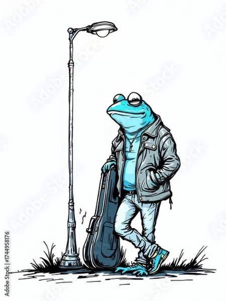 Obraz Cool anthropomorphic frog musician in a leather jacket leaning on a lamppost with a golden saxophone, vibrant illustration.