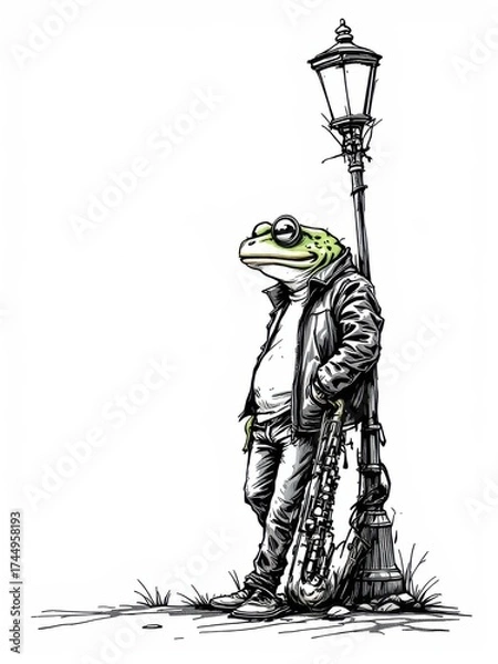 Fototapeta Cool anthropomorphic frog musician in a leather jacket leaning on a lamppost with a golden saxophone, vibrant illustration.