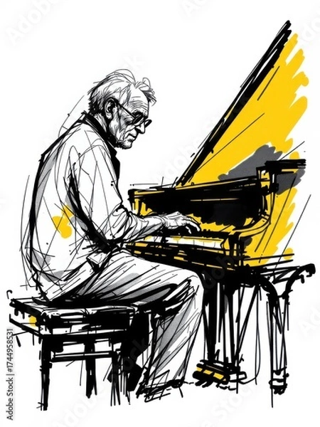 Obraz Dynamic sketch illustration of a mature man passionately playing a grand piano, isolated on white background.