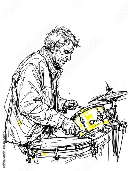 Obraz Dynamic ink sketch illustration of a mature man playing drums with passion, isolated on white background.