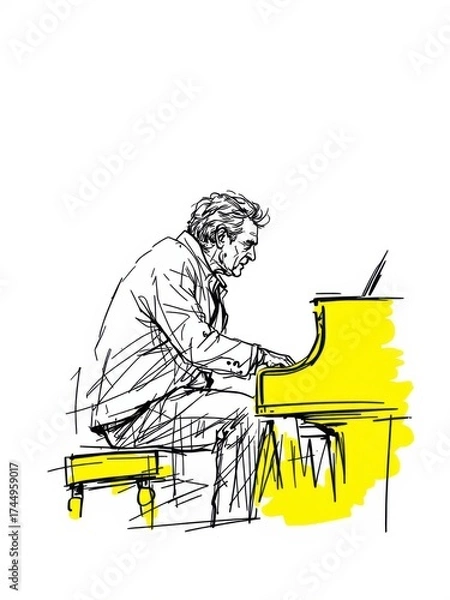 Obraz Dynamic sketch illustration of a mature man passionately playing a grand piano, isolated on white background.