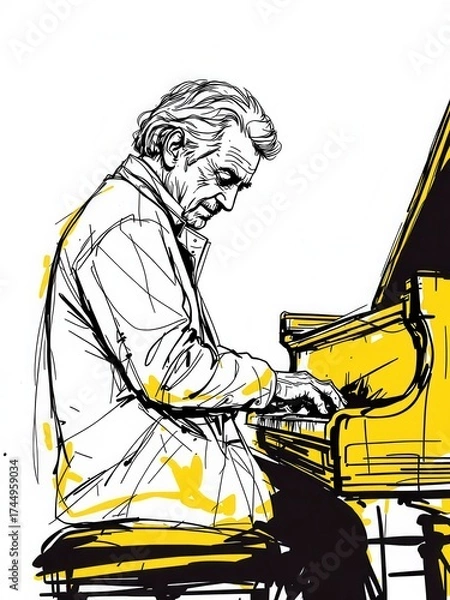 Obraz Dynamic sketch illustration of a mature man passionately playing a grand piano, isolated on white background.