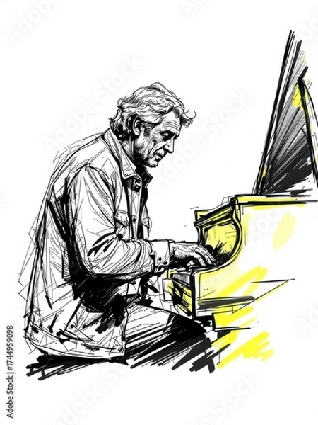 Obraz Dynamic sketch illustration of a mature man passionately playing a grand piano, isolated on white background.
