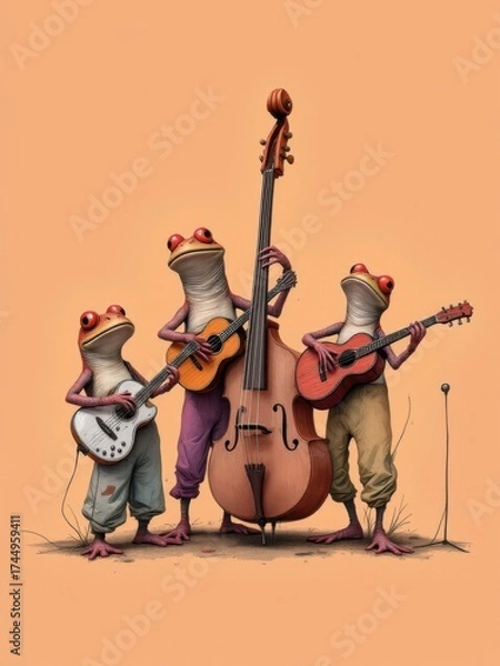 Obraz Trio of cute anthropomorphic frogs playing guitar and double bass in a music band on an orange background.
