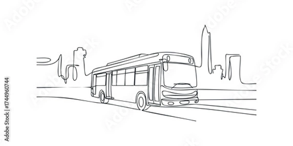 Fototapeta Bus driving on a road with city skyline