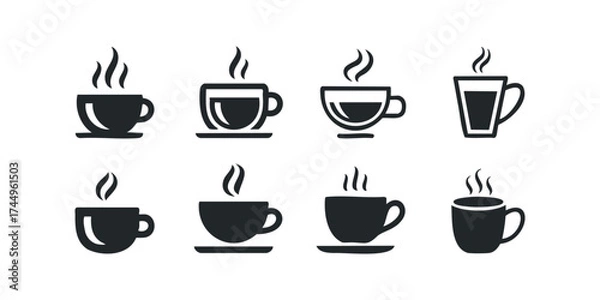 Fototapeta Set of stylized black coffee cup icons with steam