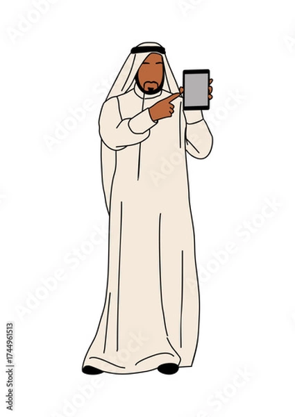 Fototapeta Minimalist colored outline illustration of a Middle Eastern man in traditional thobe and ghutra, holding a tablet and pointing. Modern sketch style vector on transparent background