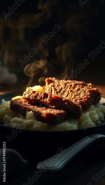 Fototapeta meatloaf mashed potatoes moody dramatic shadows cinematic backlight steam rustic dark cozy  
