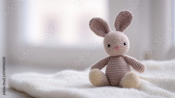 Fototapeta Crocheted Bunny Toy On Soft Blanket In Bright Room. Handmade Craft For Children'S Comfort And Play