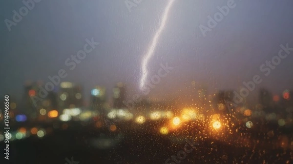 Fototapeta Lightning Strike Over Cityscape Through Rain-Soaked Window. Capturing The Power Of Nature Amidst Urban Lights