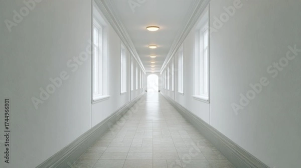 Fototapeta Bright, Minimalist Hallway With Symmetrical Windows And Ceiling Lights. Architectural Design Emphasizing Symmetry And Light
