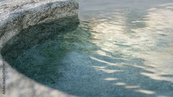 Fototapeta Serene Close-Up Of Rippling Water In A Stone Basin. Tranquil Outdoor Setting For Relaxation And Reflection