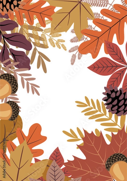 Fototapeta Autumn leaf border with oak leaves, pinecones, and acorns in warm fall colors. Circular frame design with detailed veining and layered natural shapes on transparent background