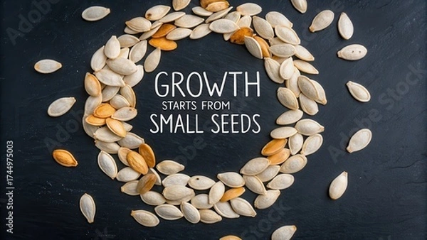 Fototapeta Pumpkin seeds arranged in a circular pattern on a black background