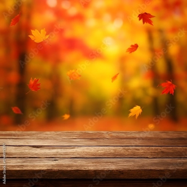 Fototapeta Autumn leaves on wooden table in sunny forest park