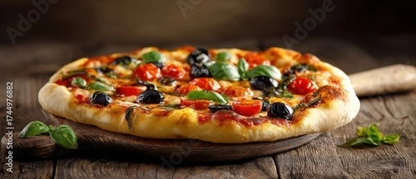 Fototapeta The pizza with fresh cherry tomatoes basil olives and melted mozzarella on rustic wooden board
