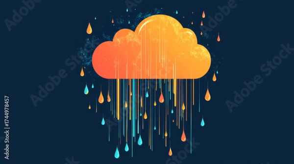 Obraz Abstract illustration of an orange cloud raining colorful drops. Vibrant liquid concept on a dark blue background.
