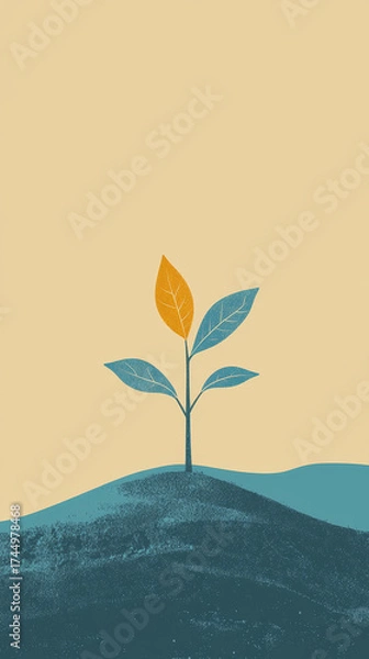 Obraz Small plant with colorful leaves emerging from a textured blue ground. Representing growth and new beginnings in a striking illustration.