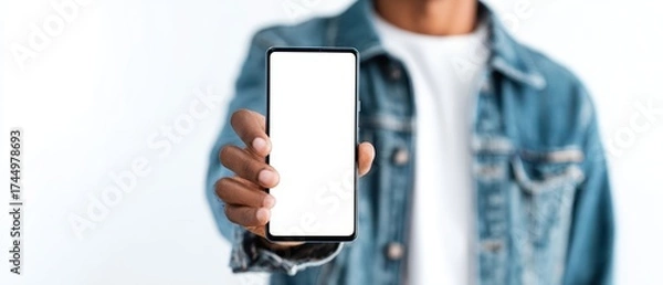 Fototapeta The smartphone with blank screen held by young man in denim jacket