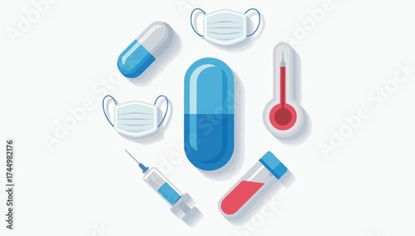 Fototapeta Medical supplies collection featuring pills masks syringe thermometer and test tubes for health