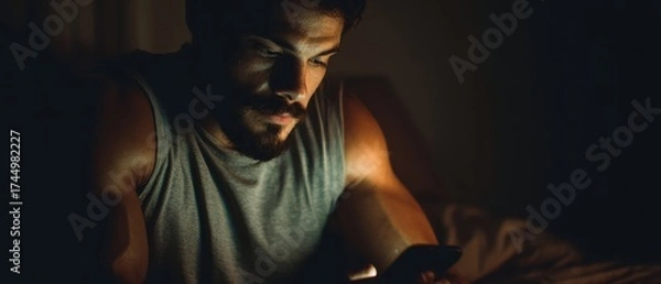 Fototapeta The man illuminated by his smartphone at night in a dim bedroom