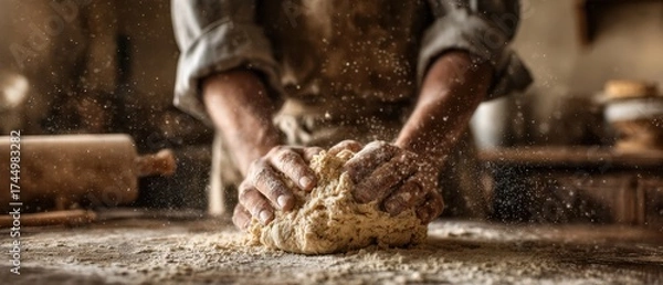 Fototapeta The Dough Being Kneaded by Skilled Baker in Rustic Kitchen with Flour Dusting