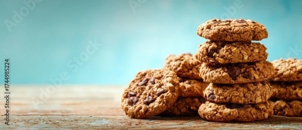 Obraz The Cookies Stack of Chocolate Chip Oatmeal Cookies on Rustic Wooden Table