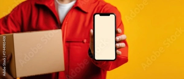 Obraz The delivery driver showing smartphone with blank screen and cardboard package