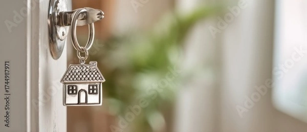 Fototapeta The house keychain hanging from a door lock with blurred indoor background