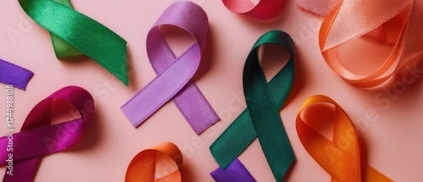 Fototapeta The Ribbons of Awareness in Vibrant Colors on Soft Pink Background