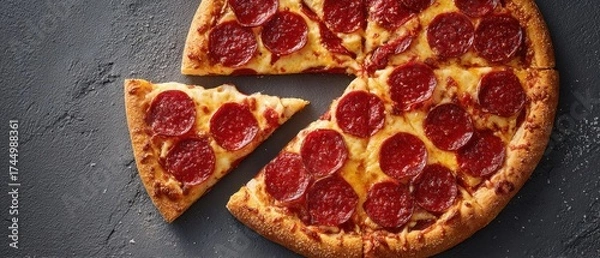 Obraz The Pizza Pepperoni Pie With One Slice Removed On Dark Textured Surface